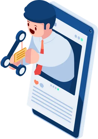 Flat 3 D Isometric Businessman Sending Message By Share Icon Arrow Social Media And Communication Concept Illustration