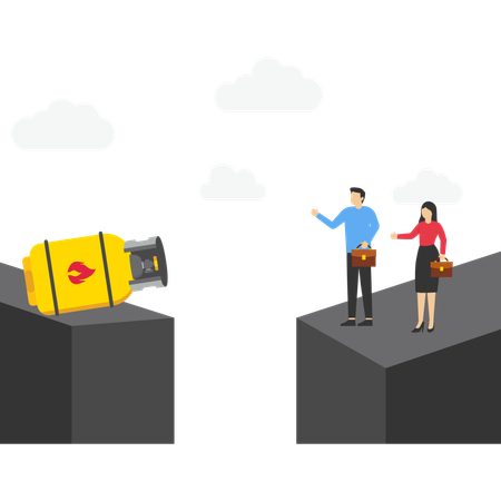 Businessman separated from gas cylinder by large cliff in ground  Illustration