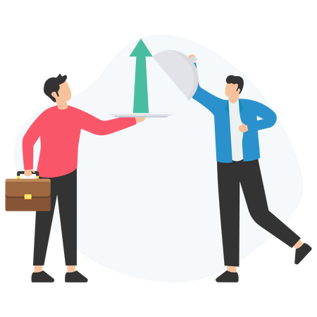 Businessman serving growth on a silver platter to surprised colleague  Illustration