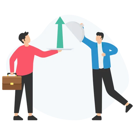 Businessman serving growth on a silver platter to surprised colleague  Illustration