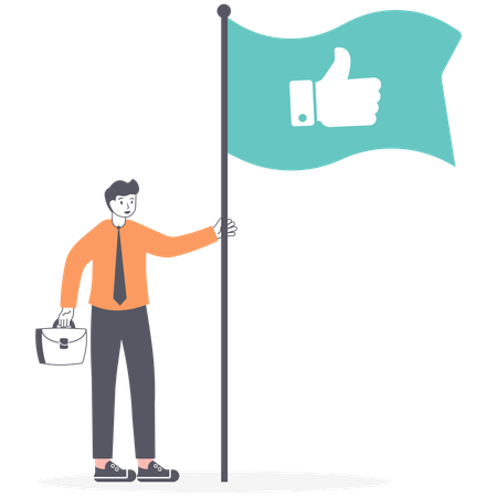 Businessman set green flag with sign Thumbs up  Illustration