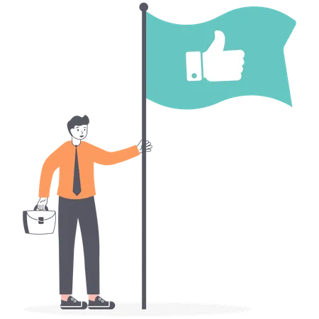 Businessman set green flag with sign Thumbs up  Illustration