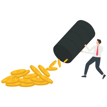 Businessman shakes oil barrel and pours more money from it  Illustration