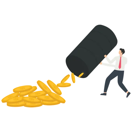 Businessman shakes oil barrel and pours more money from it  イラスト
