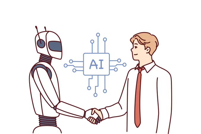Businessman shaking hand with AI robot Illustration