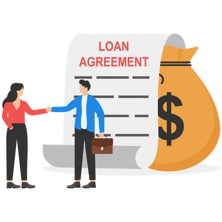 Businessman shaking hand with loan agreement and money bag  Illustration