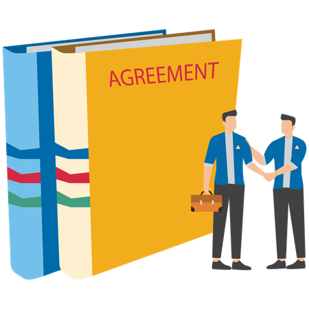 Businessman shaking hand with loan agreement and money bag symbolizing financial support or mortgage  Illustration