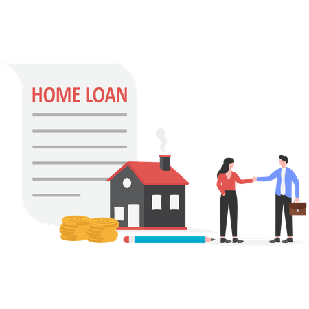 Businessman shaking hand with woman while getting home loan  Illustration