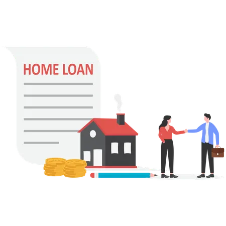 Businessman shaking hand with woman while getting home loan  Illustration