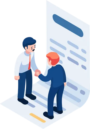Flat 3 D Isometric Businessman Shaking Hands On Contract Document Business Deal And Agreement Concept Illustration