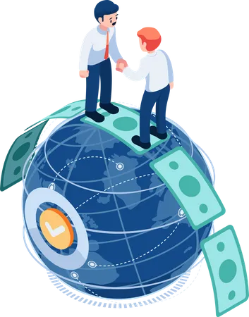 Flat 3 D Isometric Businessman Shaking Hands On Money Over The World Global And International Business Concept Illustration