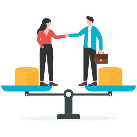 Businessman shaking hands while standing near balanced scales  Illustration