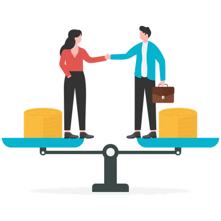 Businessman shaking hands while standing near balanced scales  Illustration