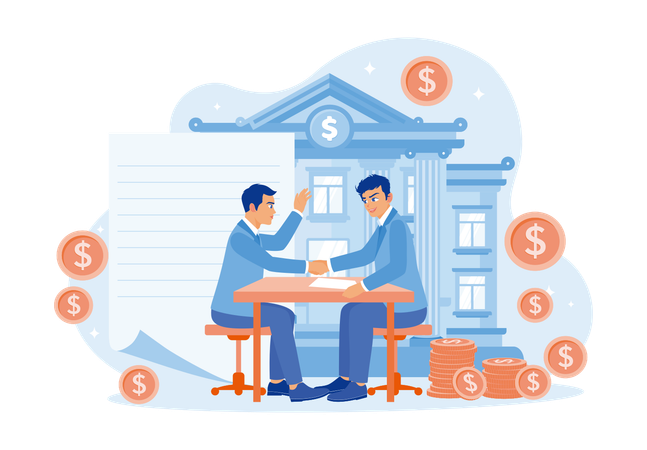 Businessman shaking hands with bank office and Agree to agreement to borrow money from bank  Illustration