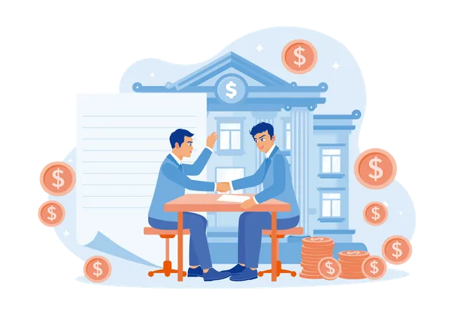 Businessman shaking hands with bank office and Agree to agreement to borrow money from bank  Illustration