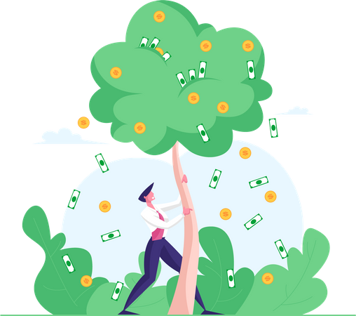 Businessman Shaking Money Tree with Dollar Coins Falling from Branches Illustration
