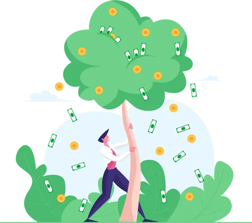Businessman Shaking Money Tree with Dollar Coins Falling from Branches  Illustration