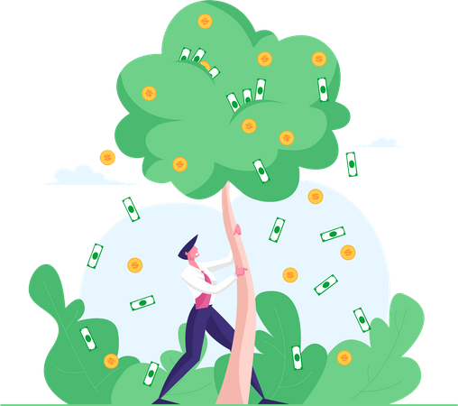 Businessman Shaking Money Tree with Dollar Coins Falling from Branches  Illustration