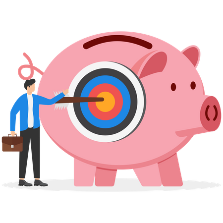 Businessman shoot archer arrow hitting target on saving pink piggy bank  Illustration