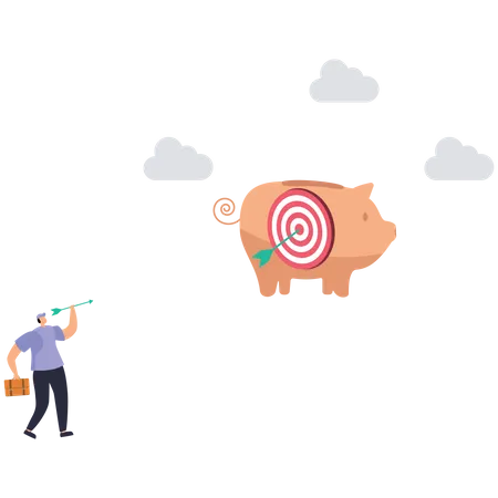 Businessman shoot archer arrow hitting target on saving pink piggy bank  Illustration