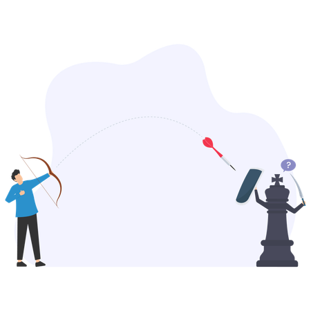 Businessman shooting arrows and darts at chess king protecting himself with shield and sword  Illustration