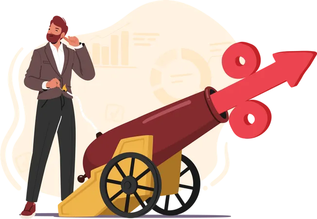 Businessman Character Shooting Cannon With Percent Sign Symbolizes An Interest Rate Hike Concept Of Increased Borrowing Costs For Finance Business Or Economics Cartoon People Vector Illustration Illustration