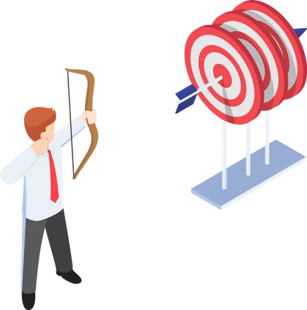Flat 3 D Isometric Businessman Shooting At The Center Of Three Target By One Arrow Business Target Concept Illustration