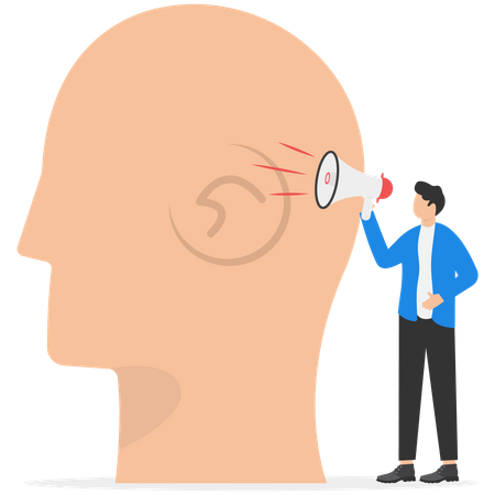 Businessman shouting on megaphone with loud voice in ear  Illustration