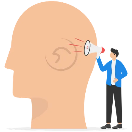 Businessman shouting on megaphone with loud voice in ear  Illustration