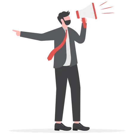 Businessman Standing Posing Pointing With The Index Finger And Shouting Through A Megaphone Concept Communicates Through A Megaphone Expressing Strong Emotion Illustration