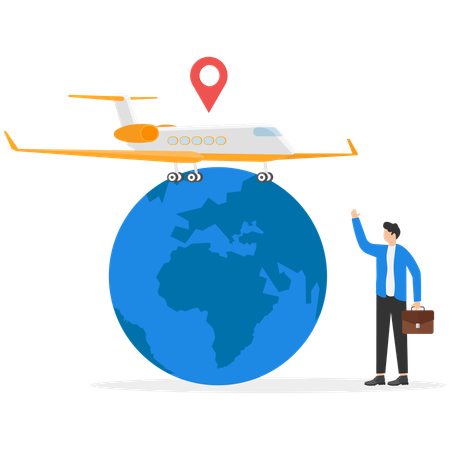 Businessman showing airplane trip in various country  Illustration