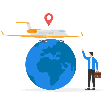 Businessman showing airplane trip in various country  Illustration