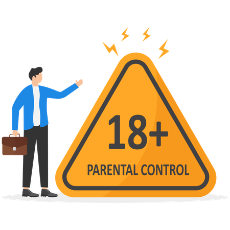 Businessman showing big warning sign with age restrictions  Illustration