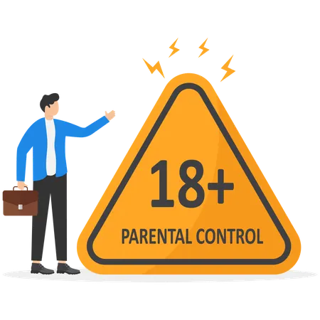 Businessman showing big warning sign with age restrictions  Illustration