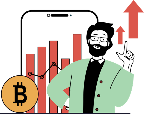 ビットコインの成長を示すビジネスマン  イラスト