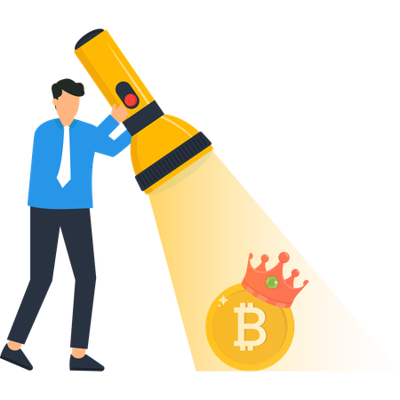 Businessman showing Bitcoin with Flashlight on Dollar Coin  Illustration