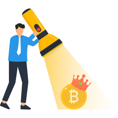 Businessman showing Bitcoin with Flashlight on Dollar Coin  Illustration