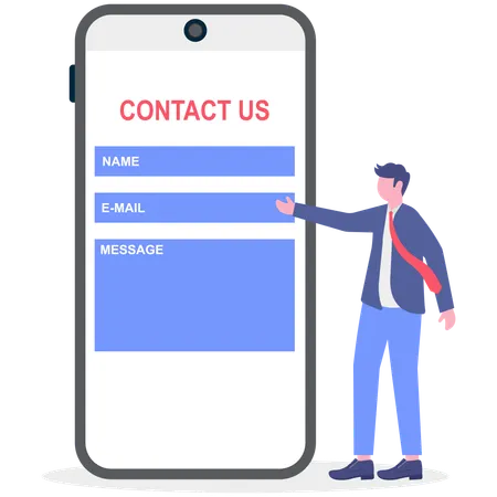 Businessman showing contact us on mobile  Illustration