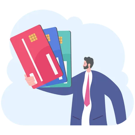 Man In Suit Shows Plastic Cards Bank Selection Concept Conditions Of Deposits And Credits Vector Illustration Flat Illustration