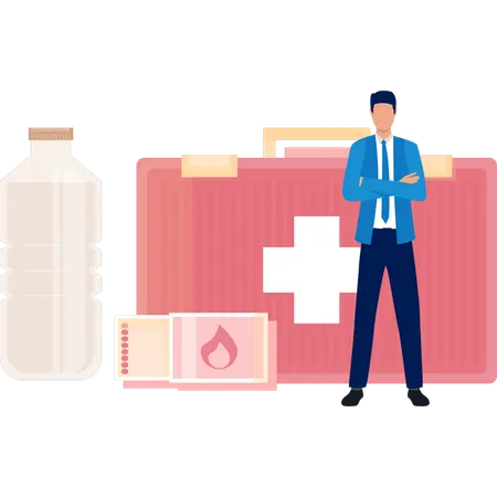 The Boy Is Showing Different Medicines Box Illustration