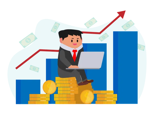 Businessman Sitting On Pile Of Coin Using Laptop And Graph Showing Growth On Background In Cartoon Character Isolated Vector Illustrations Illustration