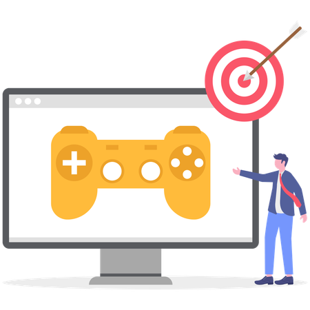 Businessman showing gamepad while working for game goal  Illustration