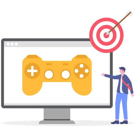 Businessman showing gamepad while working for game goal  Illustration