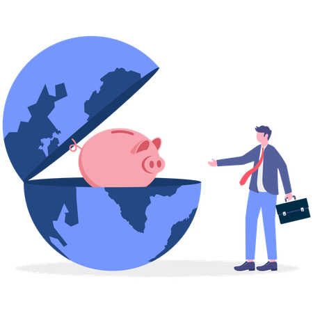 Businessman showing global piggy bank  Illustration
