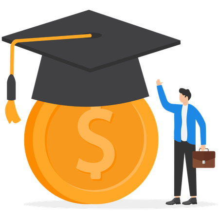 Businessman showing Graduation hat on big dollar coin  Illustration