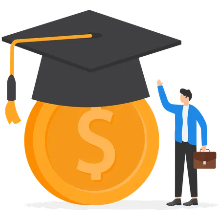 Businessman showing Graduation hat on big dollar coin  Illustration