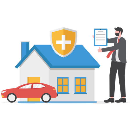Businessman showing insurance for house and car  イラスト