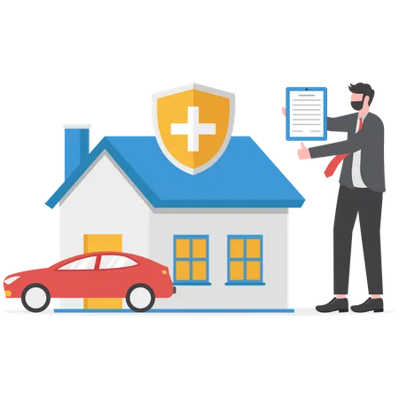 Insurance Of Car Property And House Concept Shield Security With Full Assurance Plan Coverage Illustration