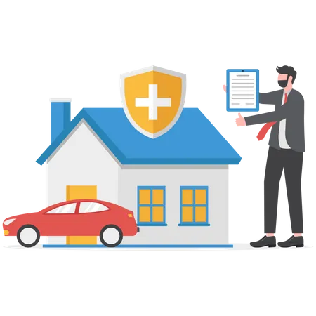 Businessman showing insurance for house and car  Illustration