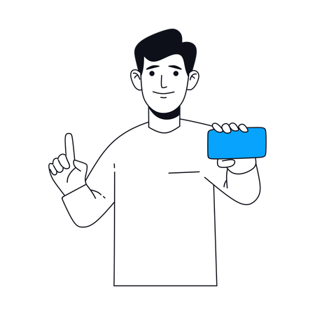 Businessman showing mobile screen with one hand while holding raising finger with another hand  Illustration